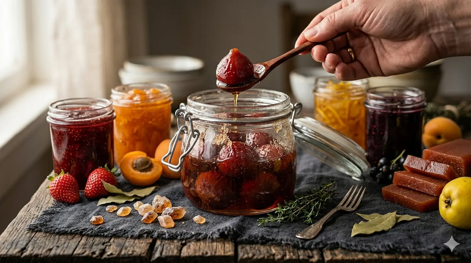 Traditionele suikerconservering van vruchten in een glazen bokaal, waarbij de siroop de textuur van het fruit prachtig conserveert.