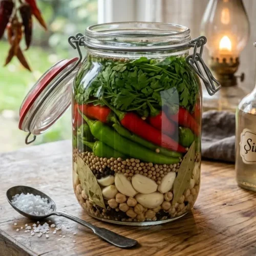 Een authentieke glazen Roots Jar op een rustieke houten tafel, gevuld met lagen van groene en rode Turkse pepers, witte knoflooktenen, rauwe kikkererwten en verse peterselie voor Biber Turşusu.