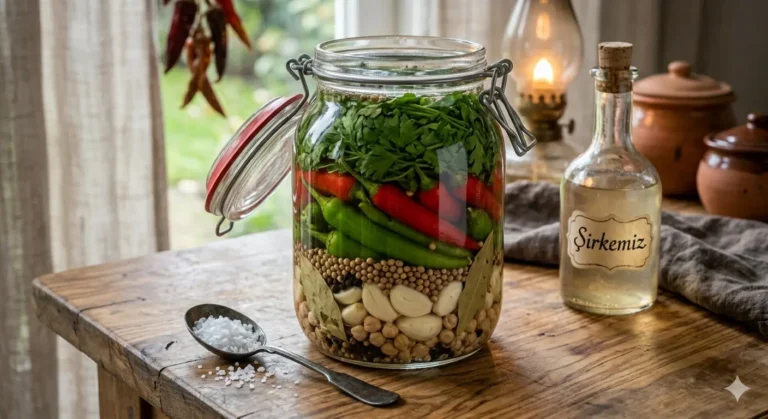 Een authentieke glazen Roots Jar op een rustieke houten tafel, gevuld met lagen van groene en rode Turkse pepers, witte knoflooktenen, rauwe kikkererwten en verse peterselie voor Biber Turşusu.