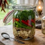 Een authentieke glazen Roots Jar op een rustieke houten tafel, gevuld met lagen van groene en rode Turkse pepers, witte knoflooktenen, rauwe kikkererwten en verse peterselie voor Biber Turşusu.