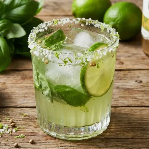 Kombucha mocktail 'Basilicum-Citrus Alchemie', een gezond en alcoholvrij alternatief voor cocktails.