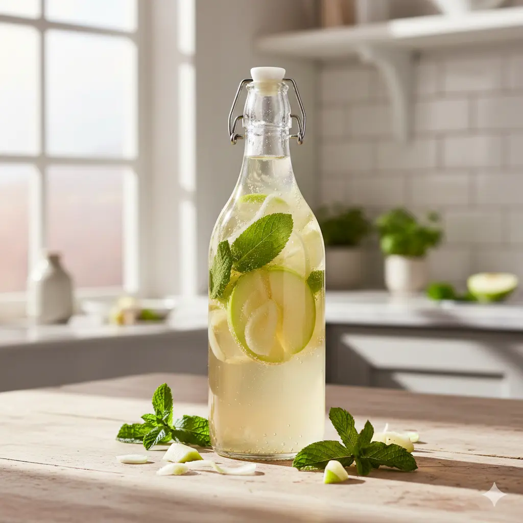 F2 Kombucha met venkel, groene appel en verse munt, een complexe tweede fermentatie voor natuurlijke koolzuur.