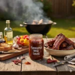 Huisgemaakte, gefermenteerde BBQ-saus in een glazen fles, waarbij fermentatie zorgt voor een complexe en diepe smaaklaag.