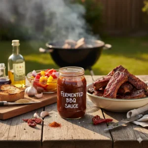 Huisgemaakte, gefermenteerde BBQ-saus in een glazen fles, waarbij fermentatie zorgt voor een complexe en diepe smaaklaag.