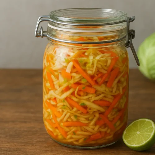 Pro-biotische groenten met een frisse limoen-twist, waarbij de bubbeltjes in de pot de actieve fermentatie laten zien.