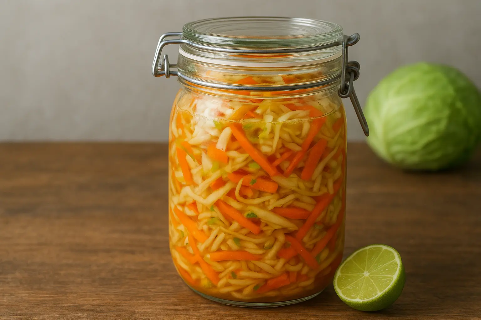 Pro-biotische groenten met een frisse limoen-twist, waarbij de bubbeltjes in de pot de actieve fermentatie laten zien.
