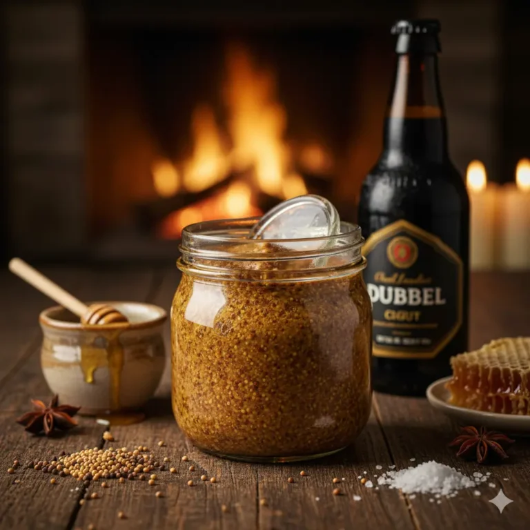 Grove mosterdzaadjes gefermenteerd met lokaal bier en honing, gepresenteerd in een rustieke setting met houten attributen.