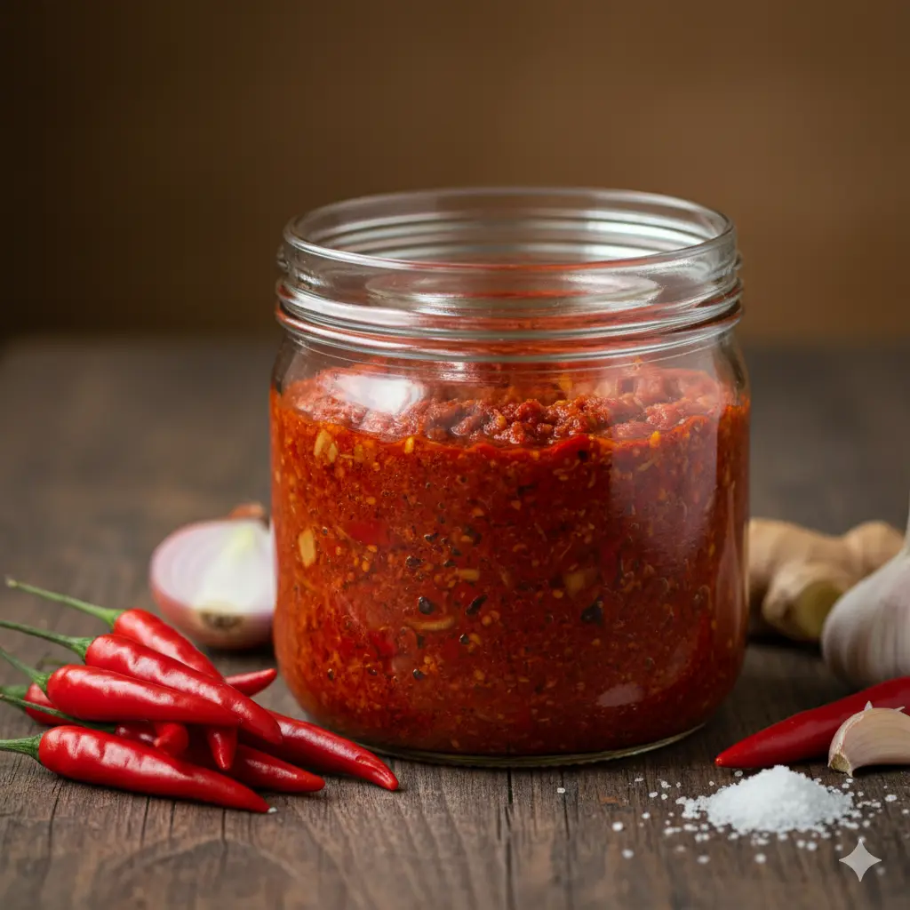 Huisgemaakte gefermenteerde sambal van rode pepers, een vloeibaar goud met een intense kleur en diepe smaakcomplexiteit.