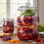 Een dieppaarse mix van gefermenteerde rode kool en wortel, waarbij het kleurcontrast de antioxidanten en vitaliteit van de winteroogst benadrukt.