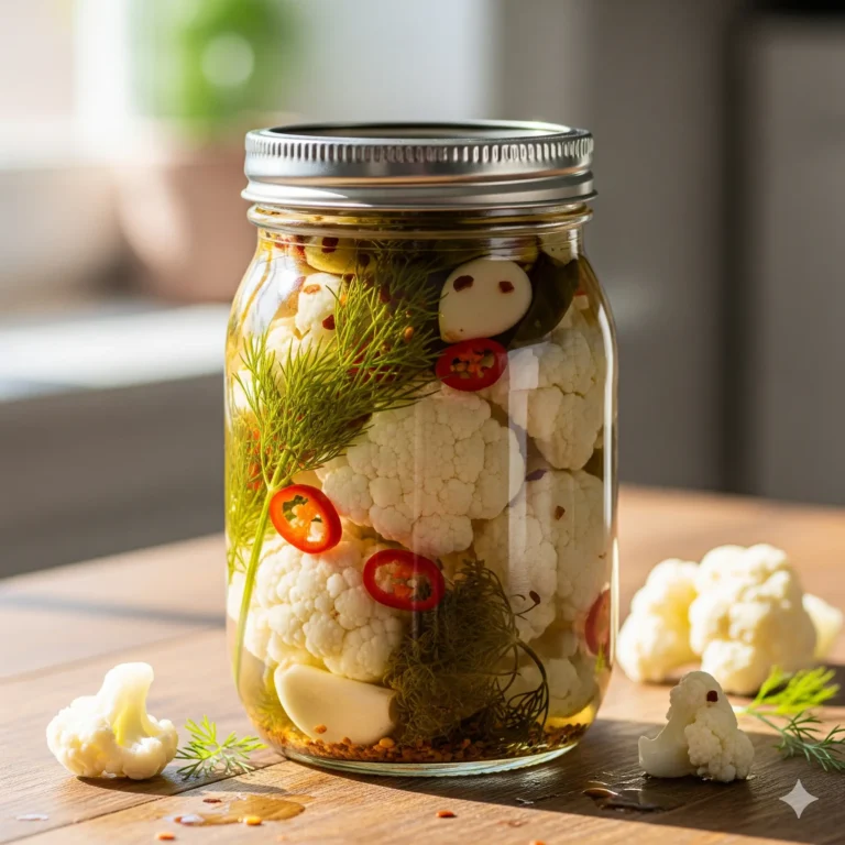 Zelfgemaakte ingelegde bloemkool in een kruidige azijnpekel, een knapperige en gezonde snack uit de RootsFood voorraadkast.