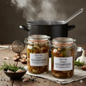 Boschampignons geconserveerd in olie met knoflook en rozemarijn, een voorbeeld van de 'Alchemie van Vet' binnen RootsFood.