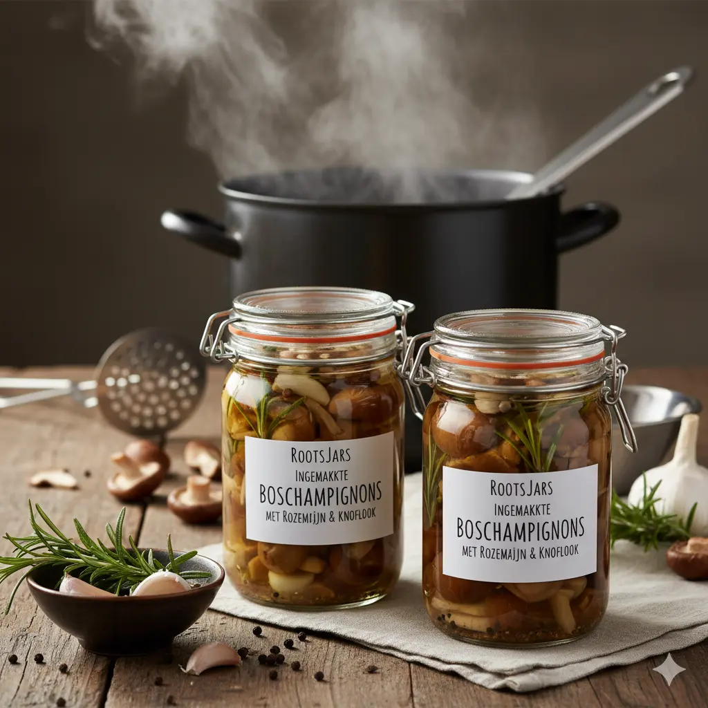 Boschampignons geconserveerd in olie met knoflook en rozemarijn, een voorbeeld van de 'Alchemie van Vet' binnen RootsFood.