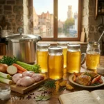Een sfeervolle en heldere compositie voor het cannen van kippenbouillon in een rustieke keuken. Centraal staan vier kristalheldere glazen Roots Jars, gevuld met goudgele, gezeefde bouillon die glinstert in het zonlicht. Op de houten voorgrond liggen de verse ingrediënten: rauwe kippendijen, wortels, uien, prei, bleekselderij en verse kruiden zoals tijm en laurier. Links op de achtergrond staat een robuuste roestvrijstalen pressure canner waar stoom uit ontsnapt, en rechts een bord met goudbruin gebraden kip ter illustratie van het eindproduct. Een opengeslagen receptenboek en een zonnig raam met uitzicht op een historische stad maken het beeld van ambachtelijke zelfredzaamheid compleet.