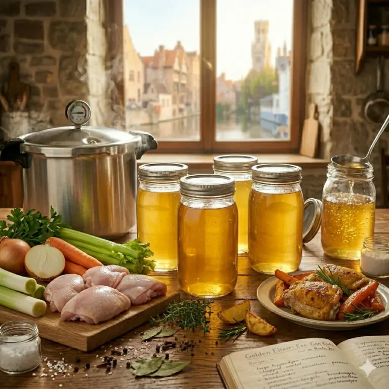 Een sfeervolle en heldere compositie voor het cannen van kippenbouillon in een rustieke keuken. Centraal staan vier kristalheldere glazen Roots Jars, gevuld met goudgele, gezeefde bouillon die glinstert in het zonlicht. Op de houten voorgrond liggen de verse ingrediënten: rauwe kippendijen, wortels, uien, prei, bleekselderij en verse kruiden zoals tijm en laurier. Links op de achtergrond staat een robuuste roestvrijstalen pressure canner waar stoom uit ontsnapt, en rechts een bord met goudbruin gebraden kip ter illustratie van het eindproduct. Een opengeslagen receptenboek en een zonnig raam met uitzicht op een historische stad maken het beeld van ambachtelijke zelfredzaamheid compleet.