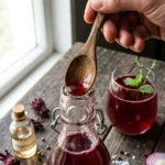 Een actie-opname van een houten lepel die dieprode hibiscussiroop in een glazen beugelfles giet voor de tweede vergisting van kombucha. Op de achtergrond staat een gevuld glas met de bruisende robijnrode drank, versierd met een takje munt. De rustieke setting op een houten tafel bevat ook gedroogde hibiscusbloemen en een klein flesje "Appelazijn", wat de ambachtelijke bereiding benadrukt.
