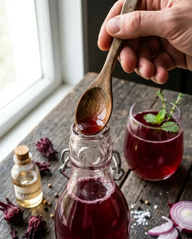 Een actie-opname van een houten lepel die dieprode hibiscussiroop in een glazen beugelfles giet voor de tweede vergisting van kombucha. Op de achtergrond staat een gevuld glas met de bruisende robijnrode drank, versierd met een takje munt. De rustieke setting op een houten tafel bevat ook gedroogde hibiscusbloemen en een klein flesje "Appelazijn", wat de ambachtelijke bereiding benadrukt.