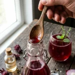 Een actie-opname van een houten lepel die dieprode hibiscussiroop in een glazen beugelfles giet voor de tweede vergisting van kombucha. Op de achtergrond staat een gevuld glas met de bruisende robijnrode drank, versierd met een takje munt. De rustieke setting op een houten tafel bevat ook gedroogde hibiscusbloemen en een klein flesje "Appelazijn", wat de ambachtelijke bereiding benadrukt.