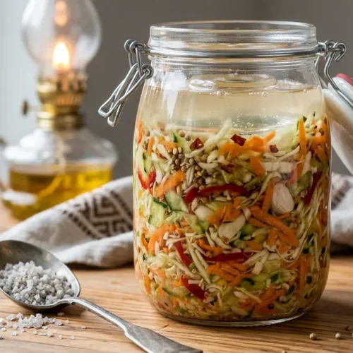 Een glazen bokaal op een rustieke houten tafel, gevuld met een kleurrijke, geraspte Kurtye Turşu-mengsel (Turkse coleslaw ferment) van witte kool, wortel en paprika, overgoten met een troebele pekel. De pot is open, de wit-rode deksel rust ertegenaan. Ernaast een antieke lepel gevuld met grof zeezout en een flesje "Appelazijn" met kurkstopper.