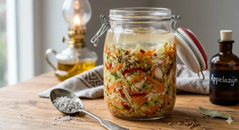 Een glazen bokaal op een rustieke houten tafel, gevuld met een kleurrijke, geraspte Kurtye Turşu-mengsel (Turkse coleslaw ferment) van witte kool, wortel en paprika, overgoten met een troebele pekel. De pot is open, de wit-rode deksel rust ertegenaan. Ernaast een antieke lepel gevuld met grof zeezout en een flesje "Appelazijn" met kurkstopper.