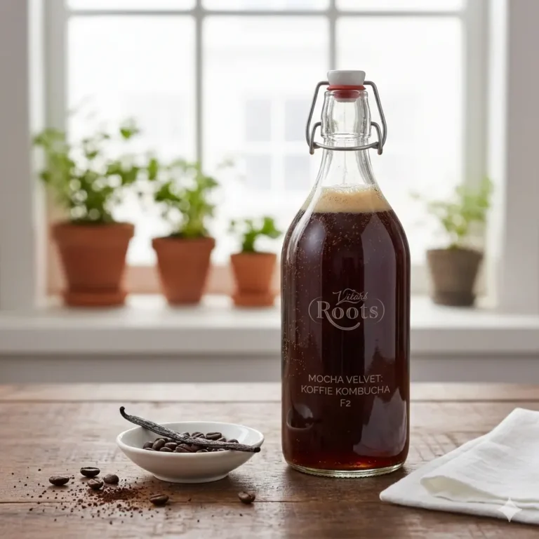 Mocha Velvet koffie kombucha, een luxe gefermenteerde drank met de rijke aroma's van koffie en cacao.