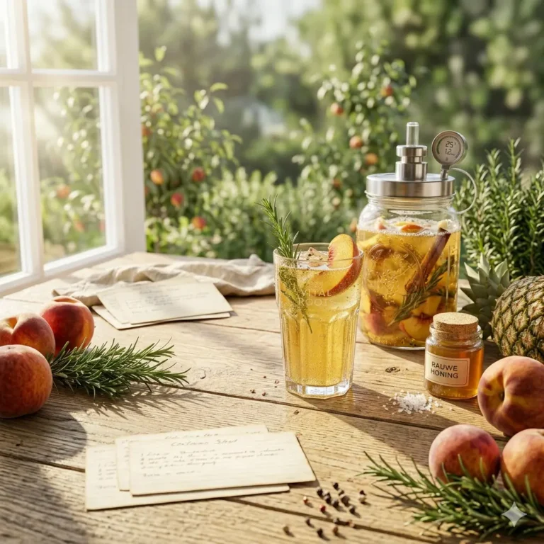 Een zonnig stilleven van een bruisende perzik-tepache op een rustieke houten tafel bij een open raam. Centraal staat een hoog glas gevuld met de goudgele drank, ijsblokjes, een schijfje perzik en een takje rozemarijn. Daarnaast staat een gevulde Roots Jar met een Fermit-thermometer, omringd door verse perziken, een ananas, een potje rauwe honing, grove zoutkorrels en handgeschreven receptkaarten tegen een achtergrond van een weelderige zomertuin.