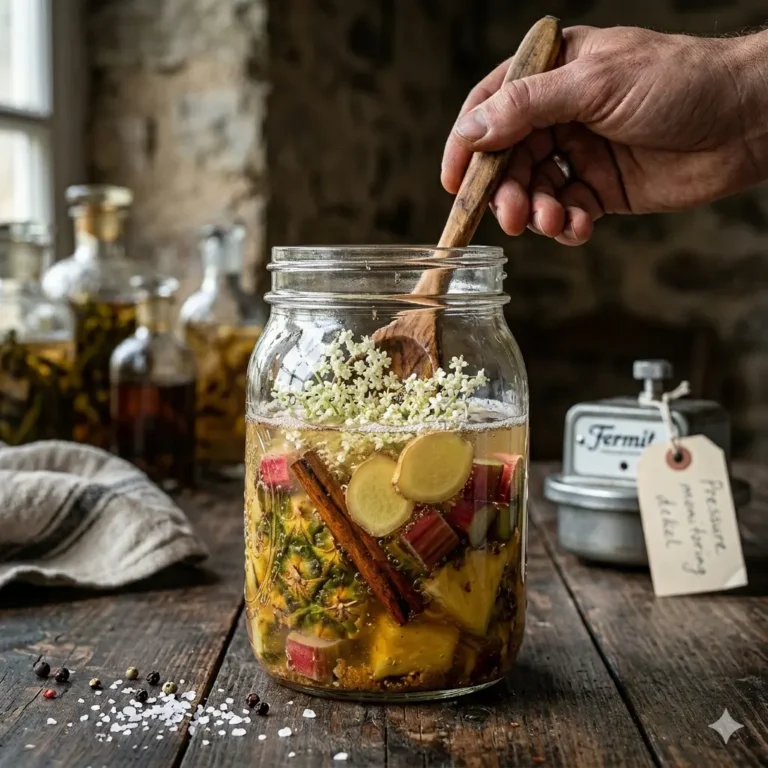 Een close-up van een glazen weckpot op een rustieke houten tafel, waarin een actieve fermentatie van tepache plaatsvindt. De pot is gevuld met stukken ananas, gember, rabarber, vlierbloesem en kaneel in een bruisende vloeistof. Een hand met een houten lepel roert in de inhoud. Op de achtergrond staan flessen met infusies en een Fermit-flesopener met een label.