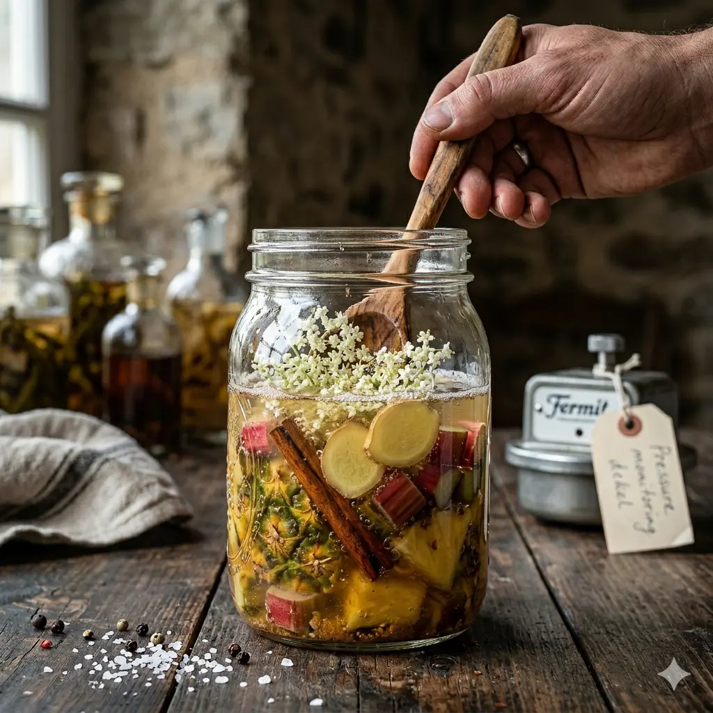 Een close-up van een glazen weckpot op een rustieke houten tafel, waarin een actieve fermentatie van tepache plaatsvindt. De pot is gevuld met stukken ananas, gember, rabarber, vlierbloesem en kaneel in een bruisende vloeistof. Een hand met een houten lepel roert in de inhoud. Op de achtergrond staan flessen met infusies en een Fermit-flesopener met een label.