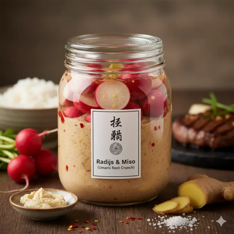 Radijs met miso marinade (Umami Root Crunch), een knapperig en hartig gefermenteerd bijgerecht.