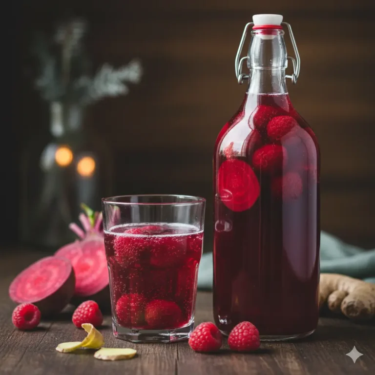 Ruby Recovery waterkefir, een dieprode probiotische drank boordevol antioxidanten voor natuurlijk herstel.