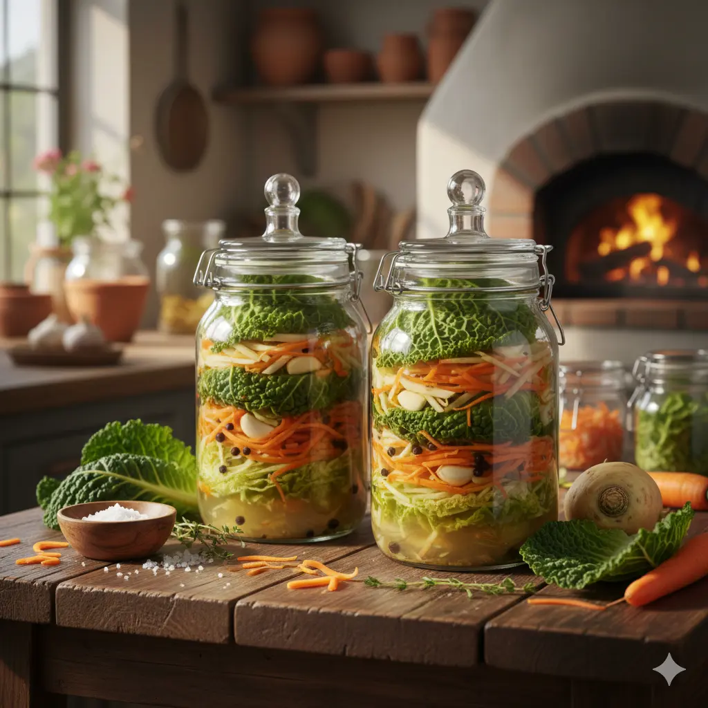 Gefermenteerde savooiekool (sauerkraut) met een unieke structuur en diepgroene kleur, rijk aan natuurlijke melkzuurbacteriën.