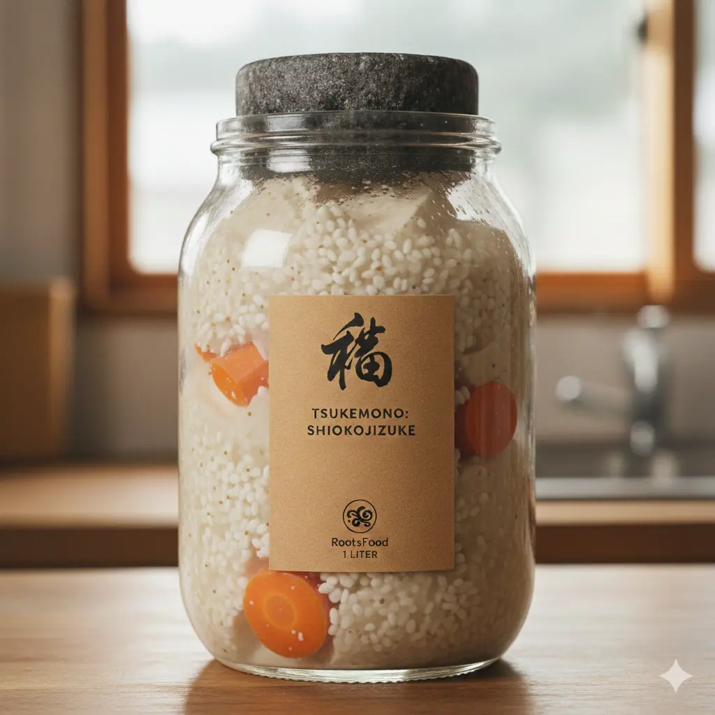 Het fermentatieproces van ingrediënten in Shio Koji, waarbij de witte koji-cultuur zorgt voor een rijke umami-smaak.