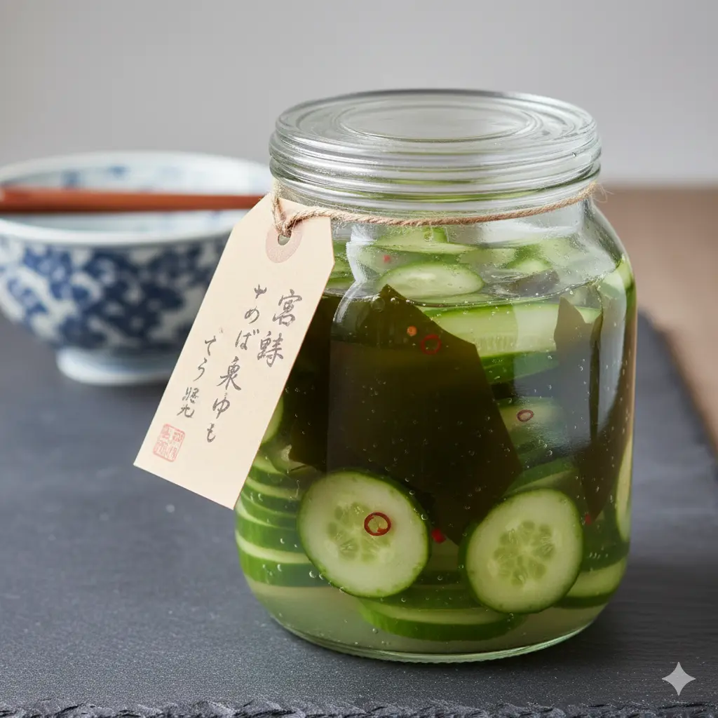 Shiozuke snelle komkommersalade, kort gezouten en geperst voor een optimale knapperigheid.