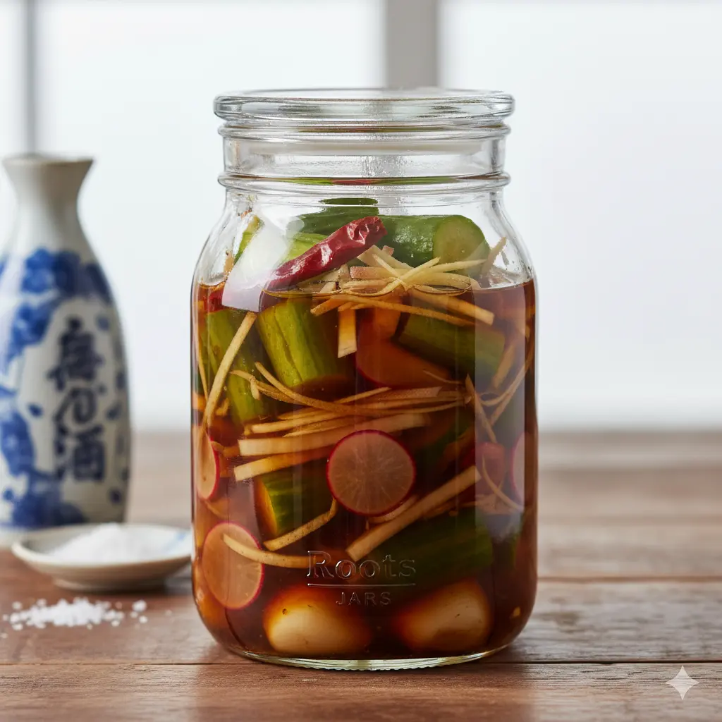 Shoyuzuke basisrecept: groenten inleggen in een marinade van sojasaus, mirin en gember.