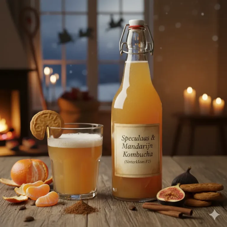 Winterse kombucha met speculaaskruiden en mandarijn, een natuurlijk bruisende drank voor de feestdagen.