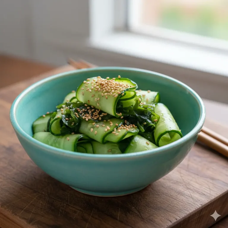 Suzuke sunomono komkommersalade, een snelle Japanse azijnsalade met sesamzaadjes en wakame.