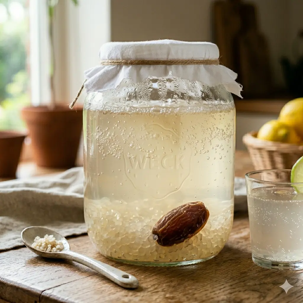 Verschillende smaken zelfgemaakte waterkefir in beugelflessen, waarbij ingrediënten zoals lavendel en koffiebonen de artisanale stijl benadrukken.