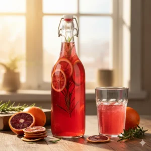 Winter Sunshine waterkefir met bloedsinaasappel en rozemarijn, een verfrissende gefermenteerde drank.