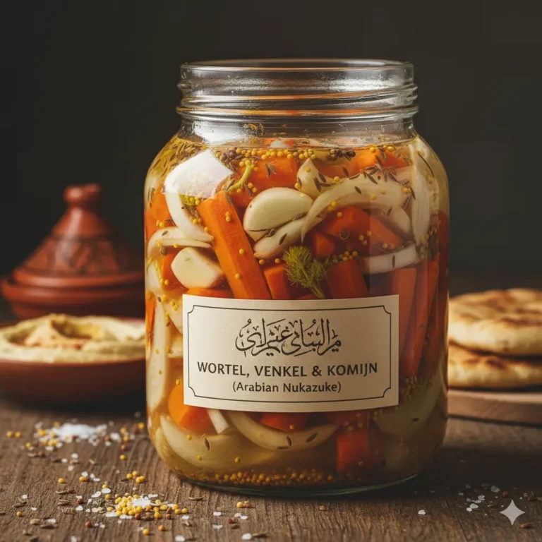 Een unieke fusion van Japanse Nukazuke-techniek met Arabische specerijen zoals komijn en venkel op een verweerde houten tafel.