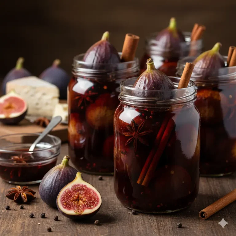 Luxe donkere vijgen geconserveerd in een diepe balsamico-siroop met steranijs, een voorbeeld van ambachtelijke suikerconserven.