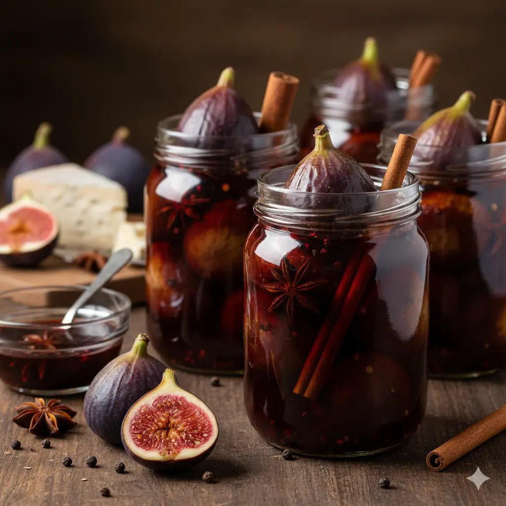 Luxe donkere vijgen geconserveerd in een diepe balsamico-siroop met steranijs, een voorbeeld van ambachtelijke suikerconserven.