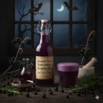 Zelfgemaakte kombucha met zwarte bes en verse rozemarijn, een aromatische gefermenteerde thee vol antioxidanten.