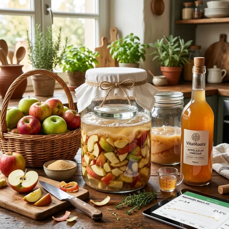 Een sfeervolle setting in een lichte keuken met een grote glazen pot gevuld met fermenterende appelstukjes onder een kaasdoek, geflankeerd door een mand verse appels, een fles troebele VitalRoots appelazijn met 'The Mother' en een tablet waarop de Fermit-app de pH-waarde van de batch monitort.
