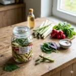 Een close-up van een Roots Jar op een rustieke houten tafel, gevuld met laagjes schuin gesneden asperges, radijsschijfjes en paarse en groene shiso-reepjes, omringd door verse witte en groene asperges, een bosje radijzen, verse shisobladeren, een schaaltje zeezout en een flesje azijn bij een venster.