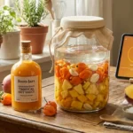Een rustieke keukenopstelling met een grote glazen Roots Jar gevuld met fermenterende habanero-pepers, ananas en mango onder een glasgewicht, geflankeerd door een fles afgewerkte feloranje Tropical Hot Sauce en een tablet waarop de Fermit-app de dalende pH-waarde van de fermentatie weergeeft.