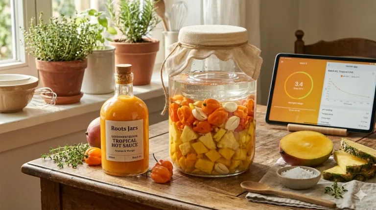Een rustieke keukenopstelling met een grote glazen Roots Jar gevuld met fermenterende habanero-pepers, ananas en mango onder een glasgewicht, geflankeerd door een fles afgewerkte feloranje Tropical Hot Sauce en een tablet waarop de Fermit-app de dalende pH-waarde van de fermentatie weergeeft.