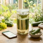 Een close-up van een Roots Jar op een houten tafel, gevuld met verticaal gestapelde courgettesticks in een heldere pekeloplossing met knoflook en een druivenblad, geflankeerd door een smartphone met de Fermit-app, verse courgettes en een schaaltje met gefermenteerde groenten tegen een zonnige achtergrond van een zomertuin.