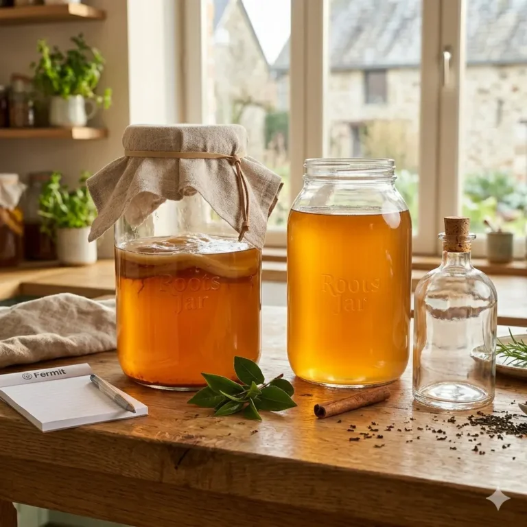 Een sfeervolle, warme keukenopstelling met twee grote glazen Roots Jars op een houten werkblad voor een raam. De linker pot bevat een actieve kombucha-cultuur met een zichtbare SCOBY, afgedekt met een beige linnen doek en een lederen koord. De middelste pot is gevuld met een heldere, goudgele kombucha-azijn die een glanzende textuur vertoont. Rechts staat een lege glazen fles met een kurk, omringd door natuurlijke elementen zoals een kaneelstokje, laurierblaadjes en losse thee. Op de voorgrond ligt een wit notitieblok met een pen, wat verwijst naar het loggen van het 70-daagse fermentatieproces.
