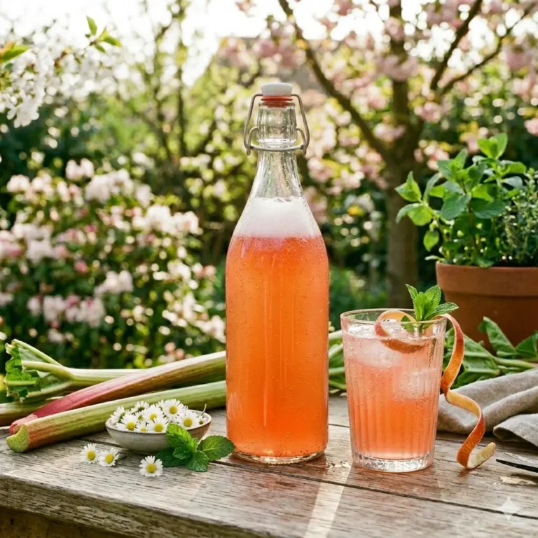 Een sprankelende glazen beugelfles gevuld met robijnrode rabarber waterkefir op een rustieke houten tuintafel, omringd door verse rabarberstengels, madeliefjes en een glas met ijs en munt in een zonnige lentesetting.