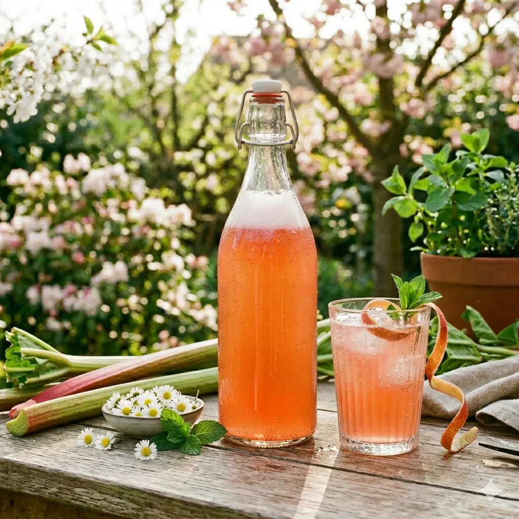 Een sprankelende glazen beugelfles gevuld met robijnrode rabarber waterkefir op een rustieke houten tuintafel, omringd door verse rabarberstengels, madeliefjes en een glas met ijs en munt in een zonnige lentesetting.