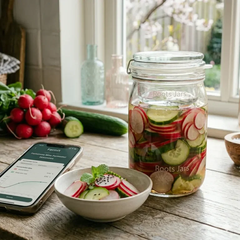 Een overzicht van een rustieke houten keukentafel met een Roots Jars glazen fermenteerpot gevuld met plakjes radijs en komkommer in pekel, een kommetje met afgewerkte tsukemono (gepekelde salade), verse ingrediënten zoals een bos radijsjes en een komkommer, en een smartphone die de Fermit-app weergeeft met de fermenteergegevens, met uitzicht op een bloeiende lentetuin.